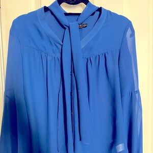 Beautiful cobalt blue semi-sheer blouse with attached ties, worn in frt or bck